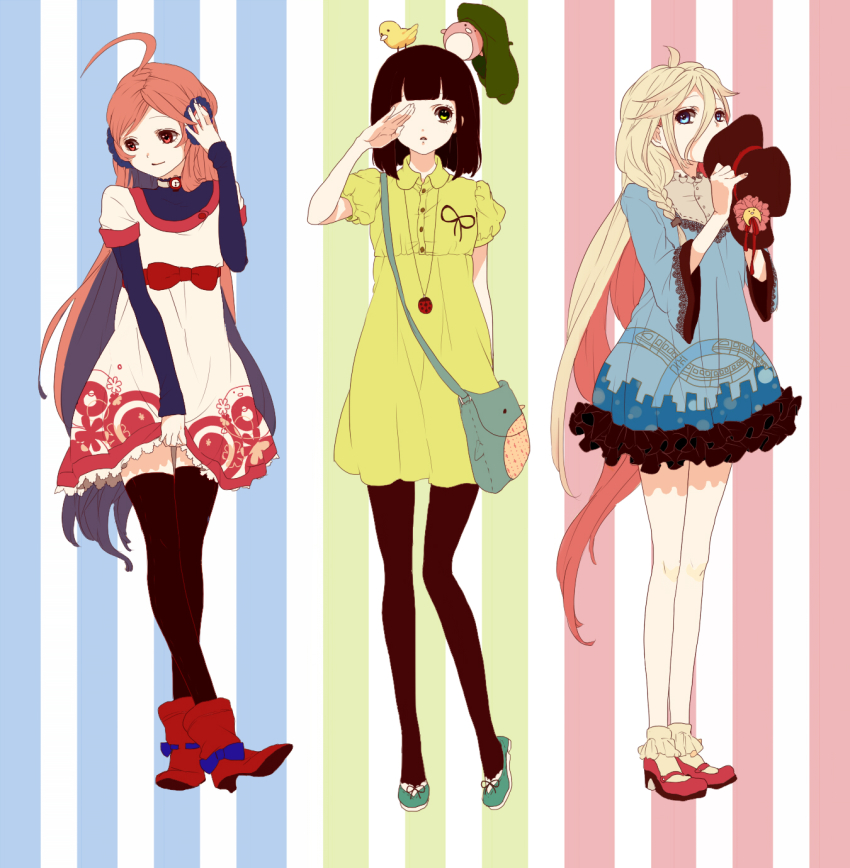 3girls ahoge animal animal_on_head bag bird bird_on_head black_hair black_pantyhose black_thighhighs blonde_hair blue_eyes blunt_bangs bow braid bug choker clothes_lift creator_connection dres dress dress_lift full_body green_eyes hat headphones high_heels highres ia_(vocaloid) insect ladybug long_hair looking_at_viewer looking_away massuru multiple_girls on_head pantyhose red_eyes red_hair sf-a2_miki skirt_hold standing striped_background thighhighs vertical_stripes very_long_hair vocaloid watch zettai_ryouiki