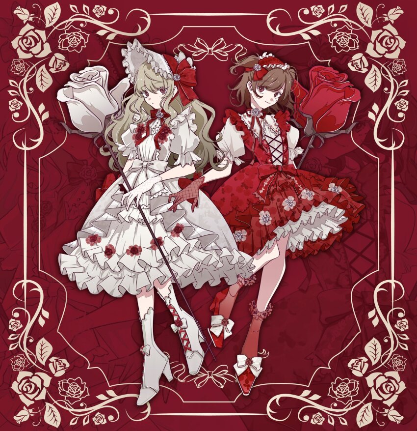 2girls aijou_karen alternate_costume ankle_socks arm_at_side blonde_hair bonnet boots border bow bowtie brown_eyes brown_hair closed_mouth commentary_request cross-laced_clothes cross-laced_dress dress dress_bow dress_flower fishnet_gloves fishnets floral_border floral_print flower footwear_bow footwear_flower frilled_bonnet frilled_dress frilled_hairband frilled_sleeves frills full_body gloves grey_boots grey_bow grey_dress gyosite hair_between_eyes hair_flower hair_ornament hairband hand_up heel_up high_heel_boots high_heels highres holding holding_flower inset_border lace-up_boots layered_dress lolita_fashion lolita_hairband long_hair looking_at_viewer multiple_girls neck_flower neck_ribbon ornate_border outside_border oversized_flower parted_lips print_dress puffy_short_sleeves puffy_sleeves pumps red_background red_bow red_bowtie red_dress red_flower red_gloves red_hairband red_ribbon red_rose red_shoes red_socks ribbon rose saijou_claudine shoes short_hair short_sleeves shoujo_kageki_revue_starlight sidelocks smile socks standing standing_on_one_leg two-tone_dress two_side_up wavy_hair white_bonnet white_bow white_dress white_flower white_gloves white_rose zoom_layer