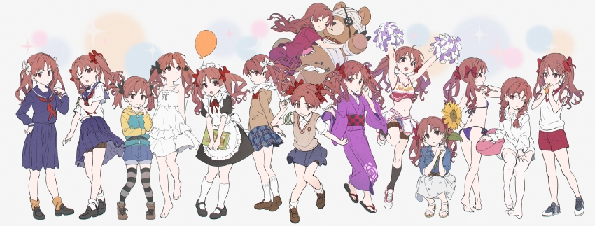 6+girls ;o absurdres aged_down apron arms_up ass back balloon barefoot bikini black_bow black_dress black_footwear black_socks blue_hoodie blue_sailor_collar blue_serafuku blue_shirt blue_shorts blue_skirt bow braid brown_eyes brown_footwear brown_hair brown_sweater_vest cheerleader chinese_commentary closed_eyes collared_shirt commentary_request dress flower hair_bow hand_on_own_thigh hands_up highres holding holding_flower holding_pom_poms hood hoodie japanese_clothes judgement_armband_(toaru) kimono kneehighs labixiaohua large_teddy_bear loafers long_hair long_sleeves looking_at_viewer looking_back maid_apron maid_headdress mary_janes midriff multicolored_hoodie multiple_girls multiple_persona navel neckerchief one_eye_closed pajamas pants pleated_skirt pom_pom_(cheerleading) pom_poms purple_bikini purple_kimono purple_pants purple_shirt red_bow red_neckerchief red_shorts sailor_collar sakugawa_school_uniform sandals school_emblem school_uniform serafuku shirai_kuroko shirt shoes short_sleeves shorts skirt slippers smile sneakers socks striped_clothes striped_thighhighs summer_uniform sunflower sweatdrop sweater_vest swimsuit thigh_strap thighhighs toaru_kagaku_no_railgun toaru_majutsu_no_index tokiwadai_school_gym_uniform tokiwadai_school_uniform twin_braids twintails white_bow white_dress white_shirt white_skirt white_socks white_thighhighs wide_sleeves winter_uniform yellow_hoodie yukata
