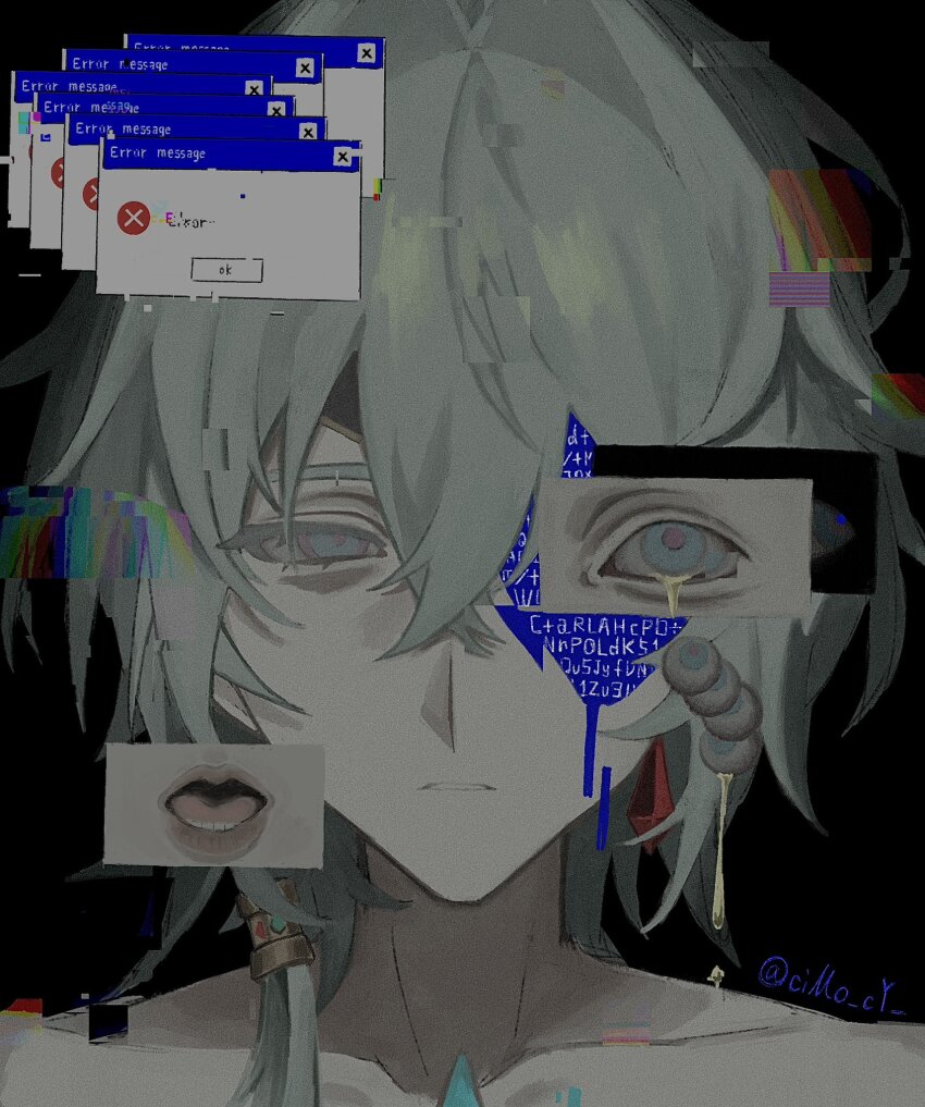 1boy anaxa_(honkai:_star_rail) aqua_hair black_background blood bloody_tears blue_eyes blue_screen_of_death cyn_ouo earrings error_message eyeball gem glitch hair_between_eyes half-closed_eyes highres honkai:_star_rail honkai_(series) jewelry looking_at_viewer male_focus medium_hair open_mouth parted_lips red_gemstone side_ponytail single_earring solo teeth topless_male twitter_username upper_body yellow_blood