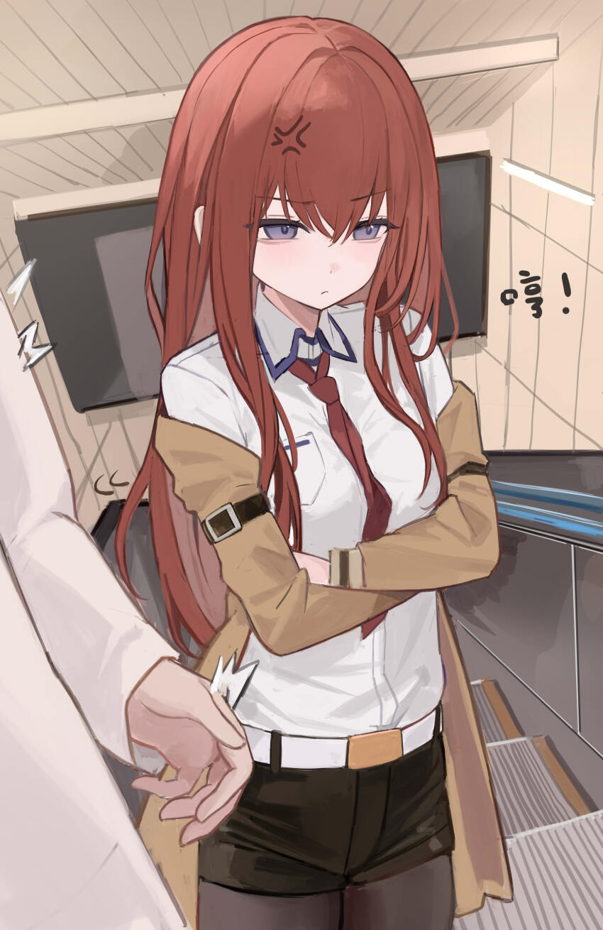 1boy 1girl absurdres anger_vein belt black_pantyhose black_shorts breasts brown_vest coat commentary_request crossed_arms highres long_hair makise_kurisu medium_breasts nagata_gata necktie okabe_rintarou pantyhose purple_eyes red_hair red_necktie short_shorts shorts stairs steins;gate vest white_belt white_coat