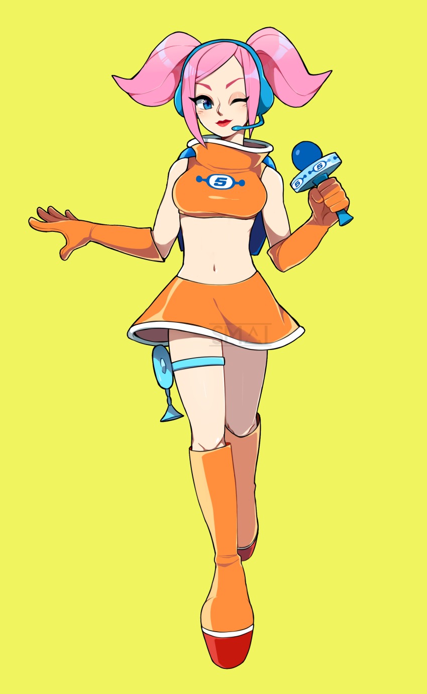 1girl ;) absurdres blue_eyes boots breasts commentary crop_top elbow_gloves energy_gun female_focus full_body gloves headset high_collar highres holster knee_boots lipstick makeup medium_breasts microphone miniskirt navel one_eye_closed orange_boots orange_gloves orange_skirt pink_hair platform_boots platform_footwear ray_gun sami_briggs sega short_hair short_twintails skirt smile solo space_channel_5 stomach swept_bangs thigh_holster twintails ulala watermark weapon y2k_fashion yellow_background