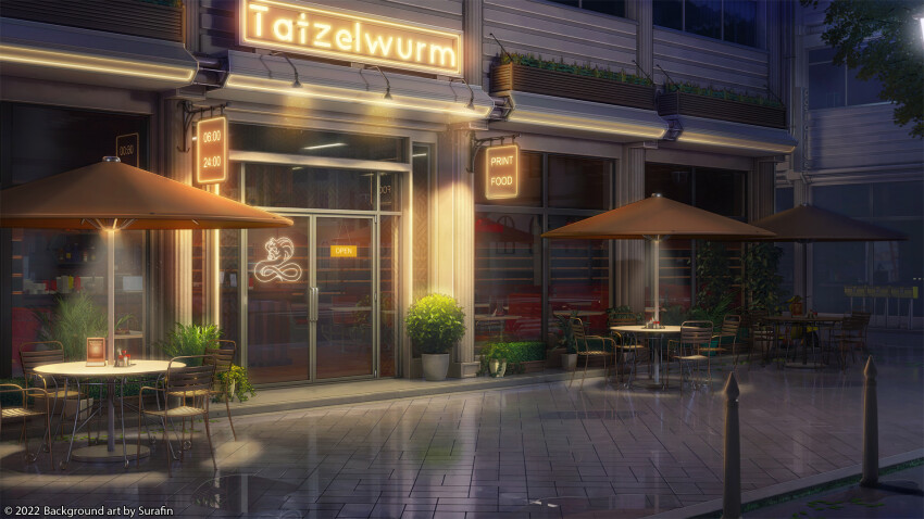 3d artist_name booth_seating chair commission dragon entrance highres holly&#039;s_metafood moonlight night no_humans official_art original outdoors plant potted_plant restaurant road scenery shadow sign street surafin table umbrella