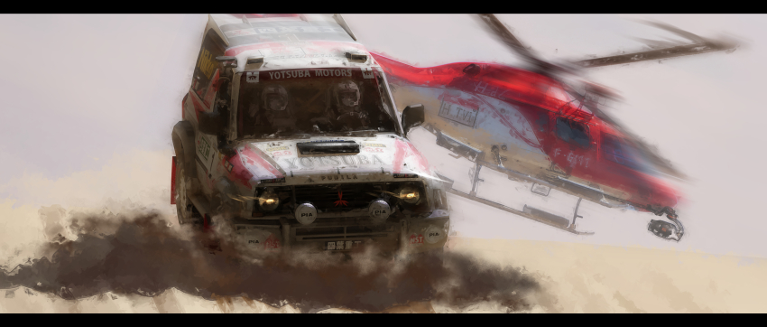 2girls absurdres aircraft brand_name_imitation car commentary driving dust haguruma_c helicopter helmet highres letterboxed mitsubishi_motors mitsubishi_pajero motor_vehicle multiple_girls original race_vehicle racecar rally_car sponsor sports_utility_vehicle symbol-only_commentary vehicle_focus