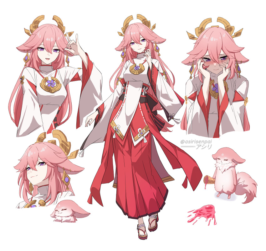 1girl absurdres adapted_costume animalization artist_name asiri_senpai blush breasts commentary droopy_ears embarrassed feet fingernails food fox_shadow_puppet genshin_impact hair_between_eyes hand_up hands_on_own_face highres holding holding_ice_cream_cone ice_cream ice_cream_cone ice_cream_cone_spill long_hair long_skirt looking_at_viewer medium_breasts multiple_views nail_polish nontraditional_miko open_mouth parted_lips pink_hair pink_nails purple_eyes red_skirt sandals simple_background skirt smile smug toes twitter_username white_background yae_miko yae_miko_(fox)