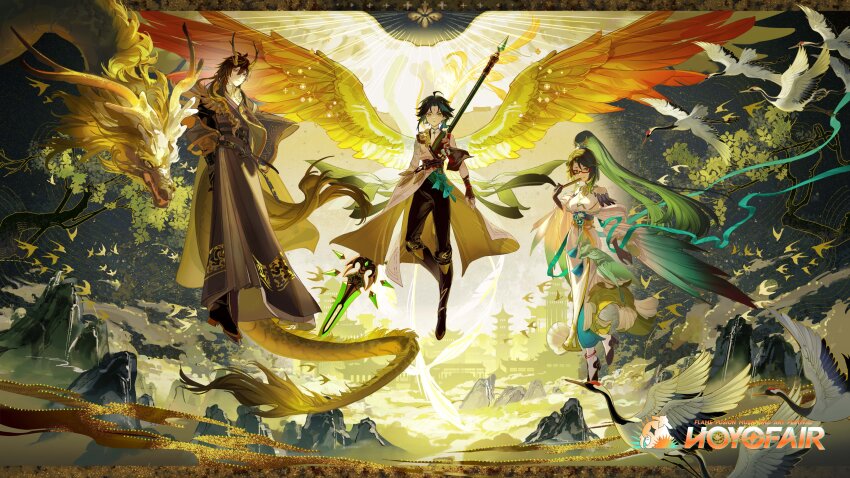 1girl 2boys absurdres alternate_costume bird crane_(animal) dragon dragon_horns dress genshin_impact green_hair highres horns long_hair multiple_boys official_art primordial_jade_winged-spear_(genshin_impact) rafaelaaa red-framed_eyewear short_hair wings xianyun_(genshin_impact) xiao_(genshin_impact) zhongli_(genshin_impact)