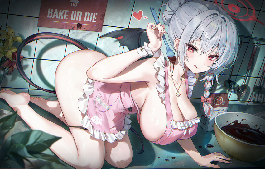 1girl blue_archive breasts cake chocolate english_text food grey_hair haruna_(blue_archive) large_breasts looking_at_viewer mrr_05 red_eyes smile solo