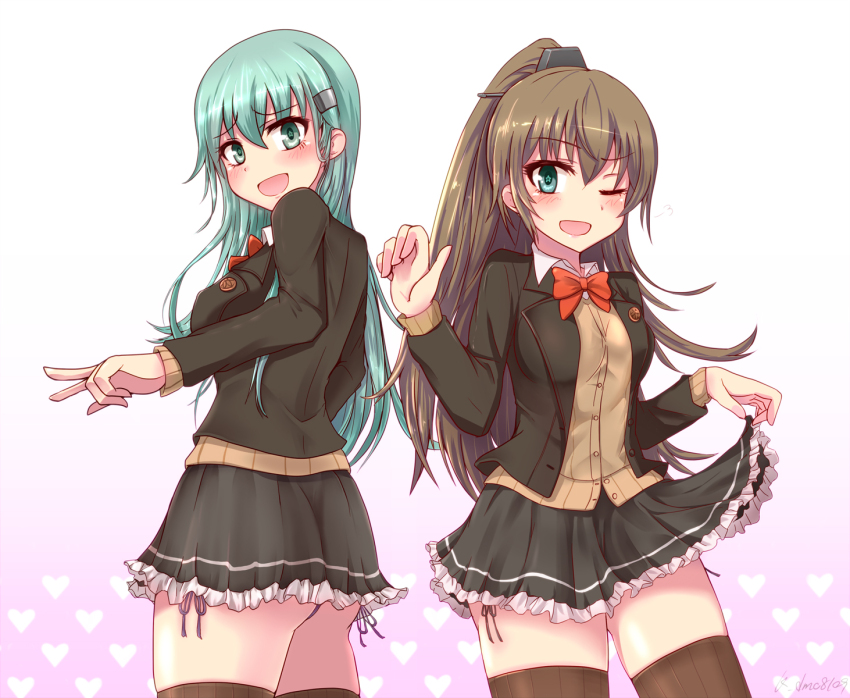 2girls bow bowtie brown_hair brown_skirt cardigan frilled_skirt frills green_eyes green_hair hair_ornament highres kantai_collection kihou_no_gotoku_dmc kumano_(kancolle) kumano_kai_ni_(kancolle) long_sleeves miniskirt multiple_girls one_eye_closed red_bow red_bowtie school_uniform side-tie_peek skirt skirt_hold suzuya_(kancolle) suzuya_kai_ni_(kancolle) thighhighs thighs