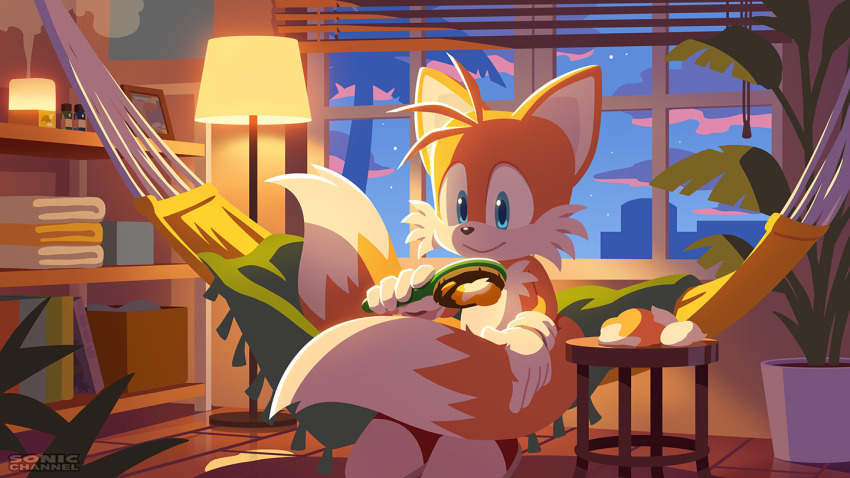 1boy air_freshener bedroom blanket blonde_hair blue_eyes bottle brushing_hair cub fox gloves hair_brush hammock indoors lamp night night_sky official_art palm_tree plant sega shoes sitting sky sonic_(series) sonic_channel spa star_(sky) tails_(sonic) towel tree uno_yuuji window yellow_fur