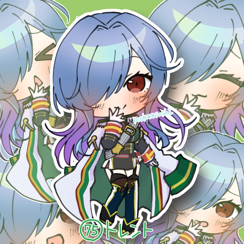 &gt;_&lt; 1girl :&gt; :3 :d artist_name azur_lane blue_hair blush chibi chibi_only closed_eyes gradient_hair green_background hair_over_one_eye highres long_hair long_sleeves looking_at_viewer military_uniform mokeosushi multicolored_hair open_mouth outline purple_hair red_eyes simple_background smile solo trento_(azur_lane) triangle_mouth white_outline