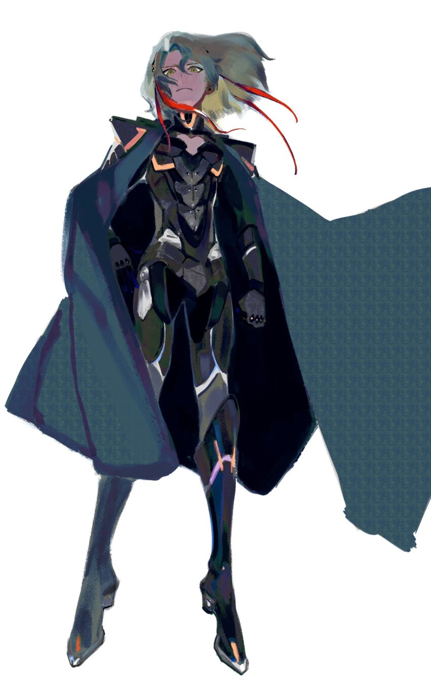 armor cape cleavage_cutout clothing_cutout fate/grand_order fate_(series) full_armor green_cape highres multicolored_hair odysseus_(fate) oyunoumi streaked_hair