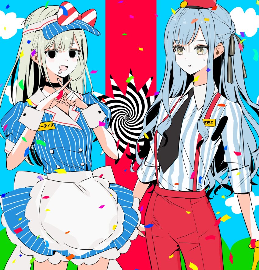 2girls absurdres apron bang_dream! bang_dream!_it&#039;s_mygo!!!!! blue_dress blue_hair commentary_request confetti cowboy_shot dress gloves green_hair hair_ribbon hat highres kenkou_ni_yoku_nai!_(bang_dream!) korean_commentary long_hair mesmerizer_(vocaloid) mortis_(bang_dream!) mortis_(persona)_(bang_dream!) multiple_girls name_tag nervous_sweating open_mouth pants parody pinstripe_dress pinstripe_hat pinstripe_pattern puffy_short_sleeves puffy_sleeves red_hat red_pants ribbon shirt short_sleeves sidelocks source_quote standing striped_clothes striped_shirt sweat sweatdrop togawa_sakiko waist_apron wakaba_mutsumi white_apron x_fingers yellow_eyes yellow_gloves zihacheol