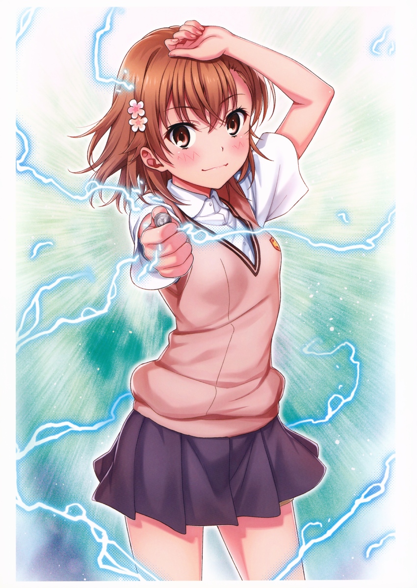 1girl absurdres aiming aiming_at_viewer arm_up blush breasts brown_eyes brown_hair brown_sweater_vest closed_mouth coin cowboy_shot electricity electrokinesis emblem fingernails grey_skirt hair_ornament highres holding holding_coin incoming_attack isshi_pyuma lightning lips looking_at_viewer medium_hair misaka_mikoto pleated_skirt railgun_(misaka_mikoto) school_emblem school_uniform shirt short_sleeves skirt small_breasts solo summer_uniform sweater_vest toaru_kagaku_no_railgun toaru_majutsu_no_index tokiwadai_school_uniform vest white_shirt