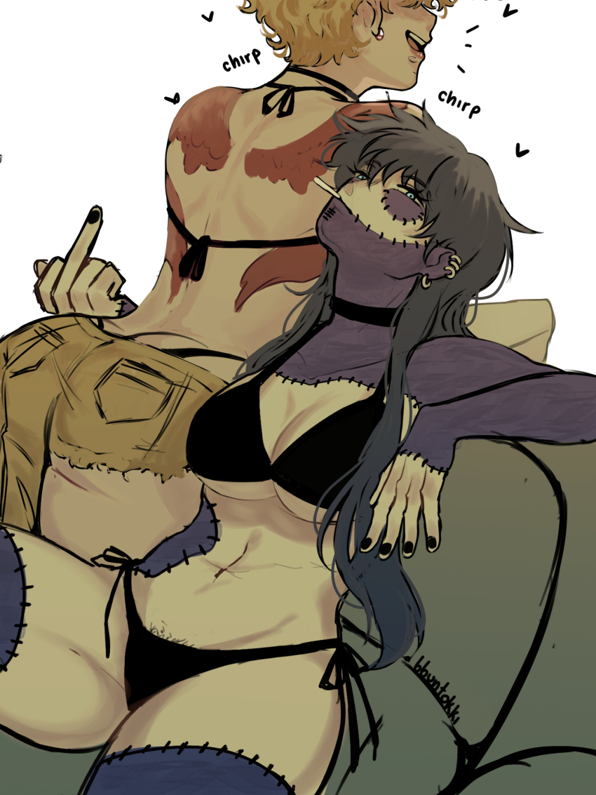 2girls ass asymmetrical_pants back_tattoo bbunsss black_bra black_hair black_panties blonde_hair blue_eyes boku_no_hero_academia bra breasts burn_scar choker cigarette dabi_(boku_no_hero_academia) ear_piercing earrings eyelashes female_pubic_hair genderswap genderswap_(mtf) hawks_(boku_no_hero_academia) heart highres hoop_earrings jewelry lips long_hair multiple_girls navel panties piercing pubic_hair pubic_hair_peek scar scar_on_face short_hair side-tie_panties sitting stitched_face stitches tattoo teeth thong underboob underwear upper_teeth_only