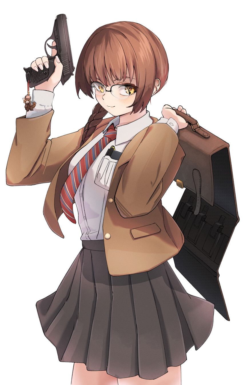 1girl :3 absurdres aiming_up ammunition_pouch bag black_skirt blazer blue_necktie braid breast_pocket breasts briefcase brown_hair brown_jacket charm_(object) closed_mouth collar commentary commentary_request commission diagonal-striped_clothes diagonal-striped_necktie glasses gun handgun highres holding holding_briefcase holding_gun holding_weapon jacket long_sleeves looking_at_viewer medium_breasts necktie notebook okapi_(yomaigoto) open_bag open_clothes open_jacket original pen pixiv_commission pleated_skirt pocket pocket_protector pouch red_necktie school_briefcase semi-rimless_eyewear shirt shirt_tucked_in sig_sauer_p230 simple_background single_braid skirt smile solo striped_clothes tanuki thighs trigger_discipline weapon white_background white_collar white_shirt wrist_cuffs yellow_eyes