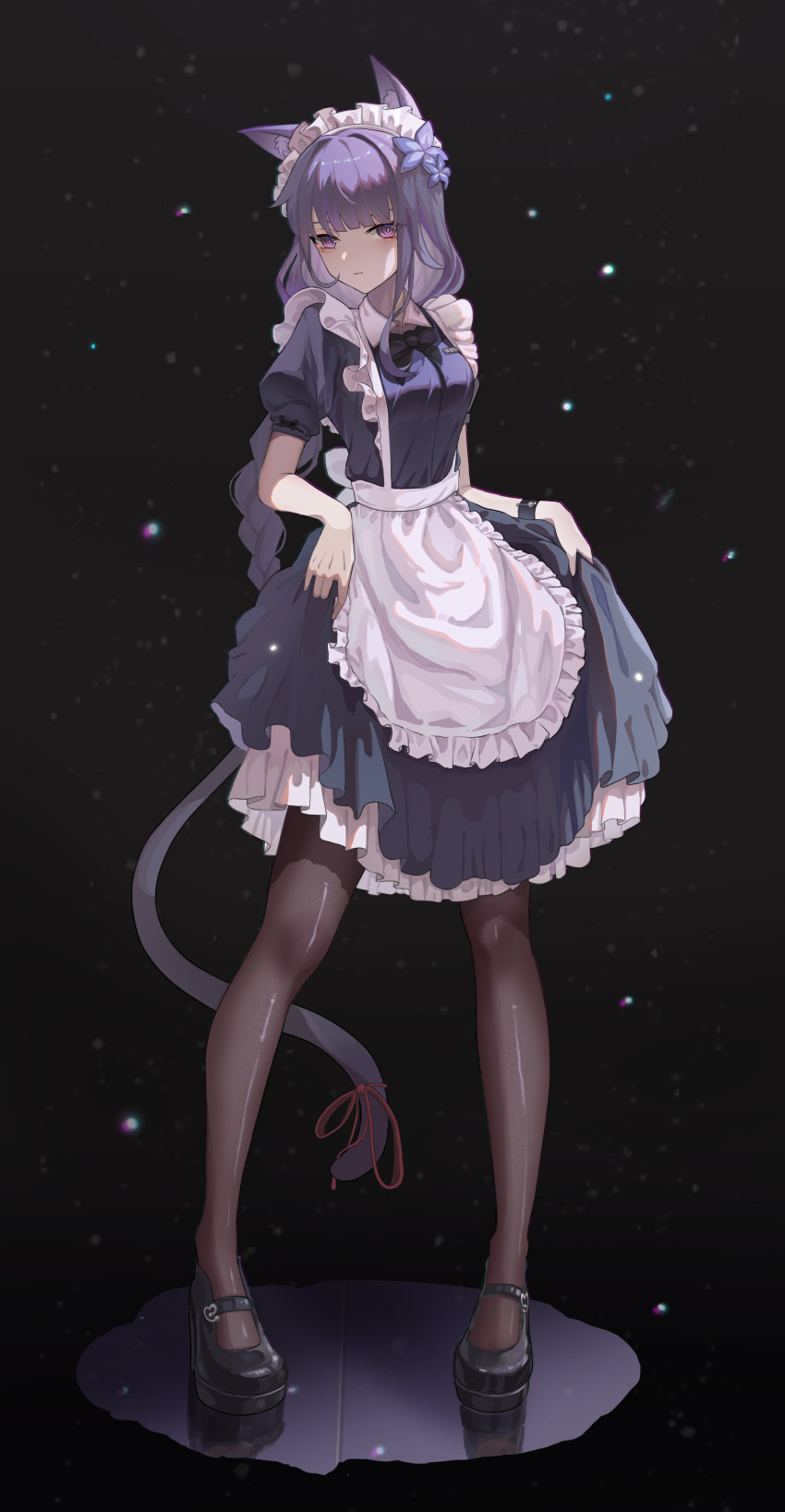 1girl absurdres alternate_costume animal_ear_fluff animal_ears black_background black_bow black_bowtie black_pantyhose blunt_bangs blurry blurry_background bow bowtie braid cat_ears cat_girl cat_tail chinese_commentary closed_mouth collared_dress dress expressionless eyeliner flower flower_ornament frilled_dress frills full_body genshin_impact hair_flower hair_ornament head_tilt headdress highres light_particles long_braid long_hair looking_at_viewer looking_to_the_side maid makeup mole mole_under_eye no_eyewear pantyhose puffy_short_sleeves puffy_sleeves purple_eyes purple_flower purple_hair raiden_shogun red_eyeliner red_ribbon ribbon shade short_sleeves single_braid solo standing tail tail_ornament tail_ribbon vvna9