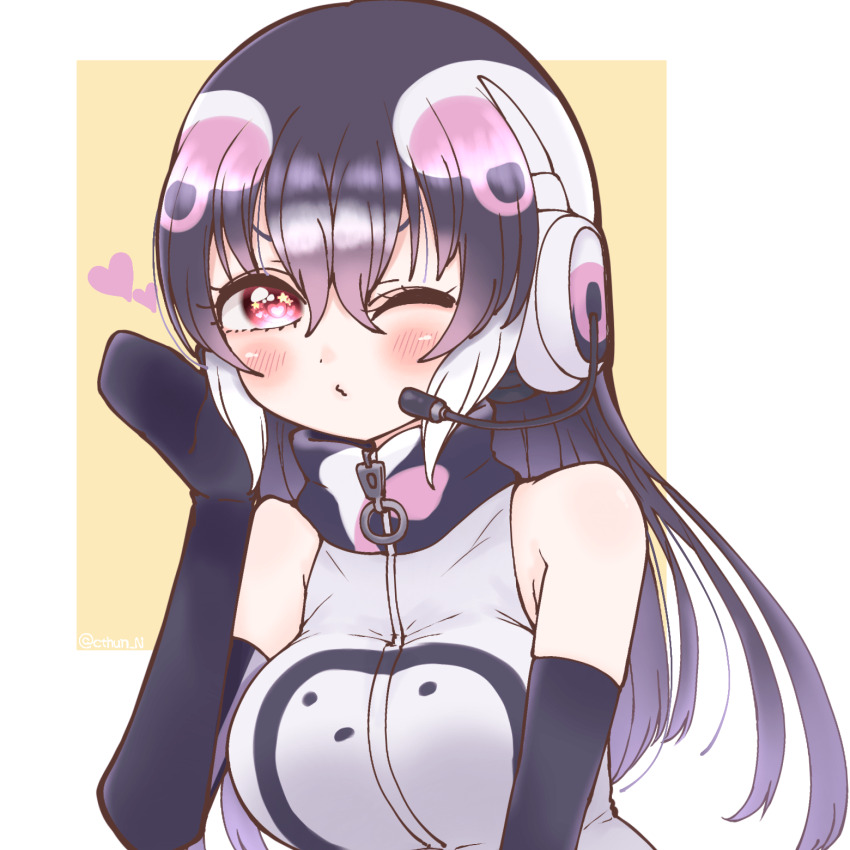 1girl african_penguin_(kemono_friends) bare_shoulders black_hair cthun_n elbow_gloves gloves headphones heart highres hood hoodie kemono_friends kemono_friends_v_project long_hair looking_at_viewer microphone purple_hair simple_background sleeveless solo straight_hair upper_body virtual_youtuber white_hair yellow_background