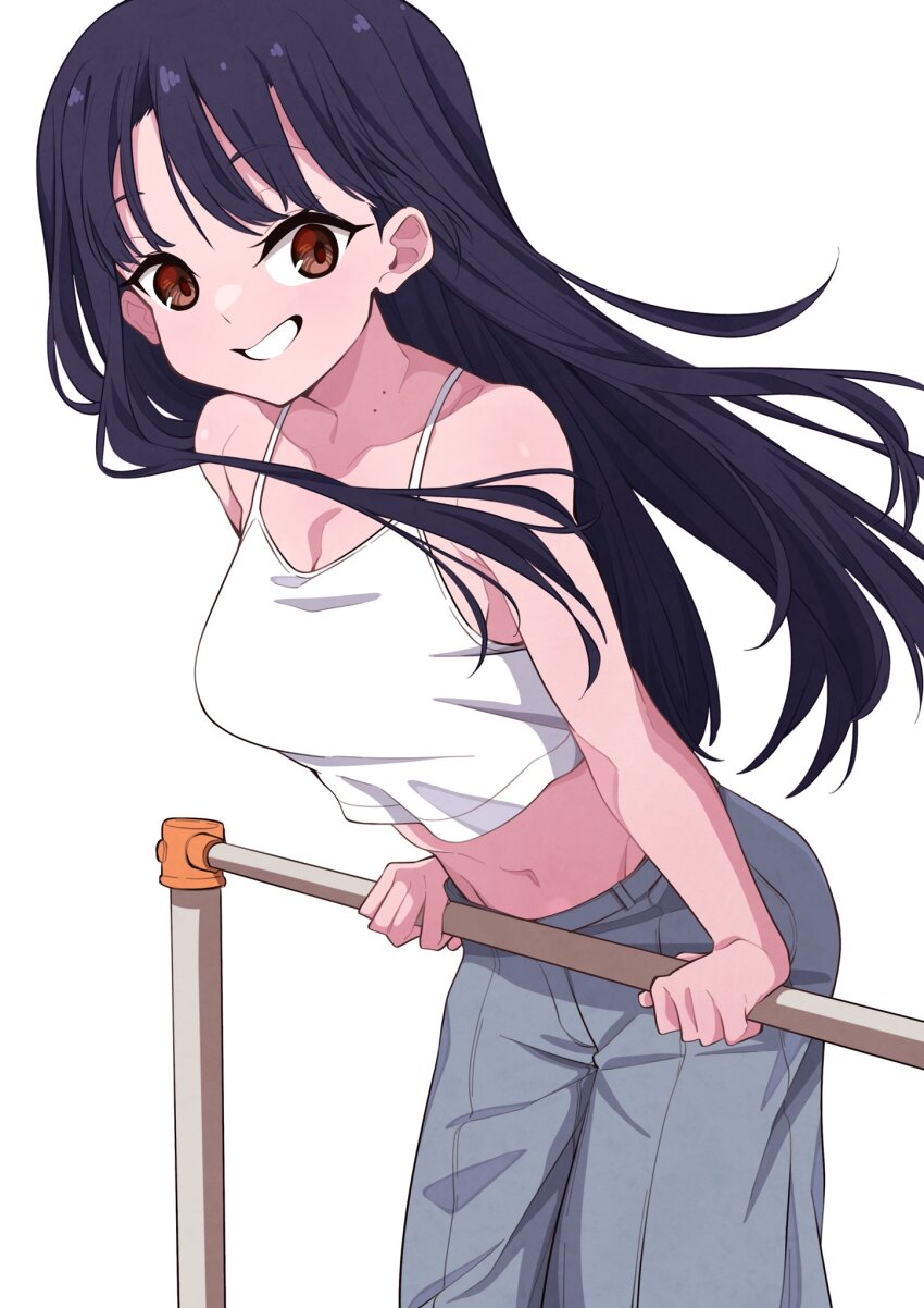 1girl bare_arms bare_shoulders black_hair boku_no_kokoro_no_yabai_yatsu breasts brown_eyes camisole cleavage collarbone cowboy_shot grey_pants grin highres horizontal_bar long_hair looking_at_viewer medium_breasts mekato midriff mole mole_on_neck navel pants simple_background smile solo white_background white_camisole yamada_anna