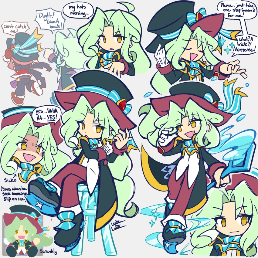 2boys absurdres black_headwear blush brown_eyes character_request closed_eyes closed_mouth english_text green_hair hat highres leslietheluna long_hair long_sleeves looking_at_viewer looking_away meme multiple_boys open_mouth parted_bangs puyopuyo puyopuyo_quest sans_(puyo_puyo) short_hair sickos_(meme) smile speech_bubble top_hat