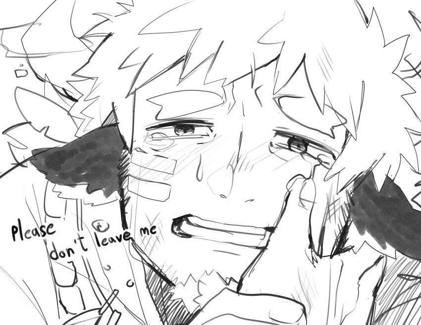 1boy absurdres animal_ears bara cow_boy cow_ears cow_horns crying crying_with_eyes_open english_text facial_hair fiery_horns forked_eyebrows glowing_horns goatee highres horns leoshasam141 muscular muscular_male sad tearing_up tears thick_eyebrows tokyo_houkago_summoners wakan_tanka