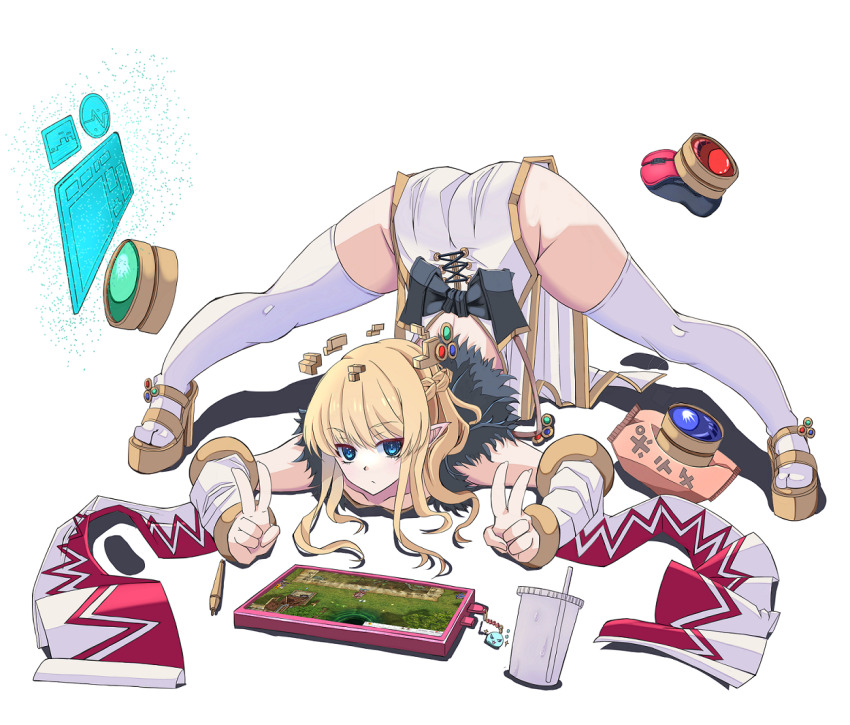 1girl ass back_bow black_bow blonde_hair blue_eyes blush bow broken_halo brown_sandals closed_mouth commentary_request cup detached_sleeves disposable_cup double_v dress expressionless full_body fur_collar halo jack-o&#039;_challenge long_hair looking_at_viewer nagifujisawa platform_sandals pointy_ears ragnarok_online sandals simple_background sleeveless sleeveless_dress solo sorcerer_(ragnarok_online) spread_legs thighhighs top-down_bottom-up v white_background white_dress white_sleeves white_thighhighs