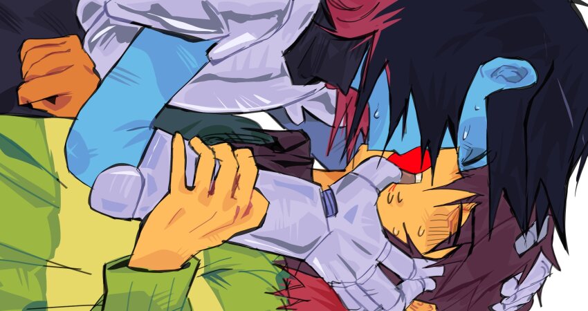 2others alien_stage armor armored_gloves black_hair blue_skin brown_hair closed_eyes colored_skin commentary deltarune dual_persona english_commentary green_sweater hand_on_another&#039;s_face hand_on_another&#039;s_head highres holding_another&#039;s_arm kris_(dark_world)_(deltarune) kris_(deltarune) multiple_others other_with_other scene_reference seb_sketches selfcest short_hair sweater yellow_skin