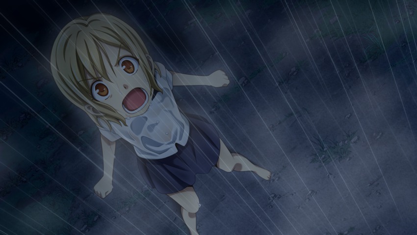 1girl angry artist_check barefoot brown_eyes child clenched_hand dutch_angle female_focus game_cg grass higurashi_no_naku_koro_ni looking_at_viewer looking_up matsuribayashi-hen rain rato shirt short_hair skirt solo tanashi_miyoko wet wet_clothes wet_hair wet_shirt
