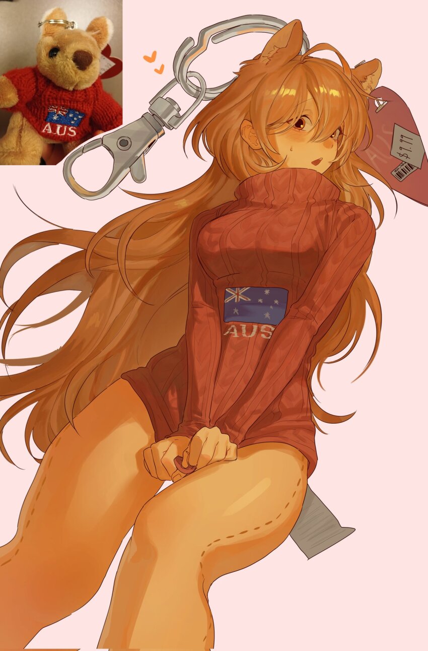 0820_lakia 1girl animal_ears australian_flag blonde_hair bottomless charm_(object) commentary_request highres kangaroo kangaroo_ears kangaroo_girl korean_commentary long_hair long_sleeves looking_at_viewer orange_eyes original personification pink_background price_tag red_sweater reference_inset shirt_tug simple_background sleeves_past_wrists stitched_leg stitches stuffed_toy sweater tag turtleneck turtleneck_sweater very_long_hair