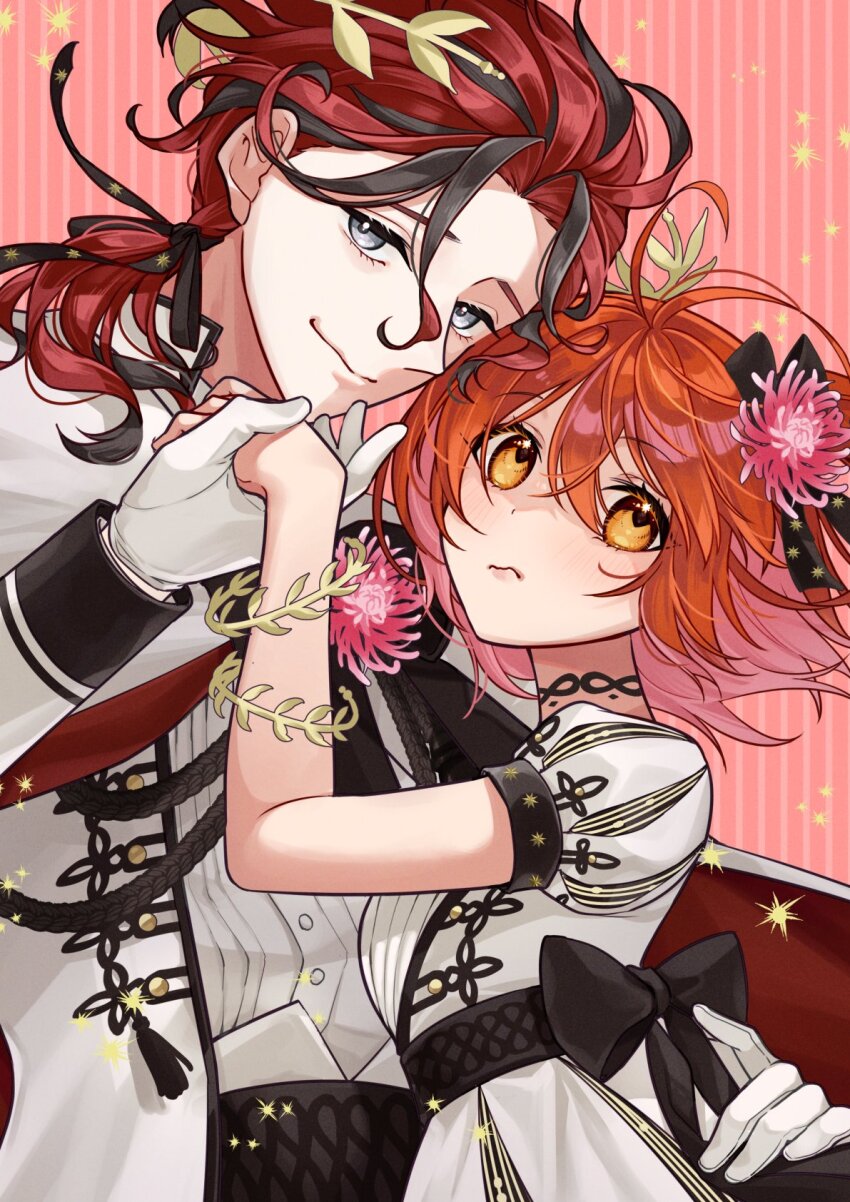 1boy 1girl alternate_costume black_hair bow curly_hair dante_alighieri_(fate) dress dress_bow fate/grand_order fate_(series) floating_crown flower fujimaru_ritsuka_(female) gloves grey_eyes hair_flower hair_ornament highres holding_hands ichino_tomizuki jacket laurel_crown looking_at_viewer multicolored_hair orange_eyes orange_hair ponytail red_hair two-tone_hair white_dress wisteria