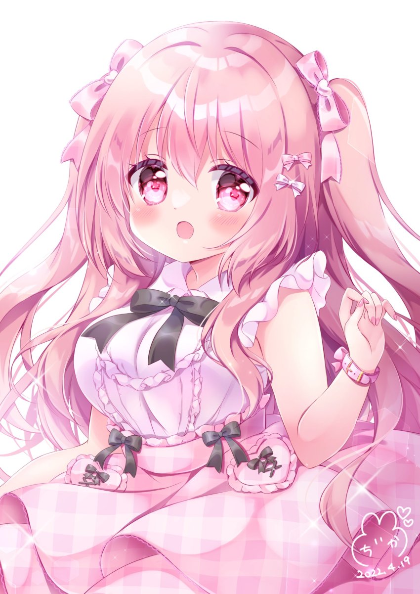 1girl absurdres black_ribbon breasts chiika_(cure_cherish) dress dress_shirt frilled_dress frilled_shirt frilled_sleeves frills hair_between_eyes hair_ornament hair_ribbon hairpin highres large_breasts looking_at_viewer original pink_dress pink_shirt pink_skirt ribbon shirt short_sleeves simple_background skirt smile tia_(chiika_cure_cherish) twintails white_background