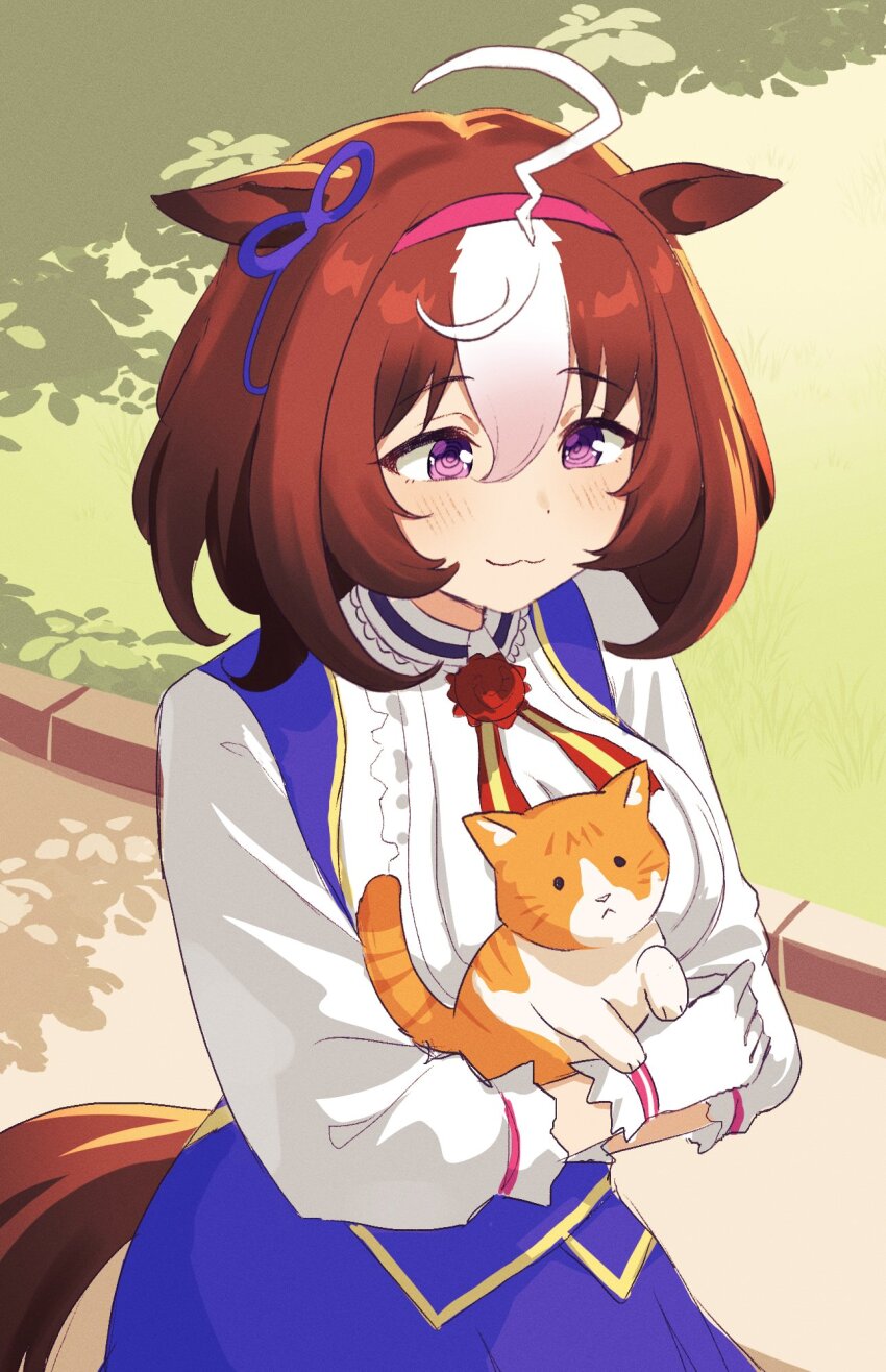 1girl ahoge animal_ears blue_dress blush bow breasts brown_hair cat closed_mouth dress ear_ribbon gloves hair_between_eyes hairband highres horse_ears horse_girl horse_tail large_breasts long_sleeves medium_hair meisho_doto_(umamusume) multicolored_hair nyaivie outdoors pink_hairband purple_eyes ribbon smile tail two-tone_hair umamusume white_dress white_gloves white_hair