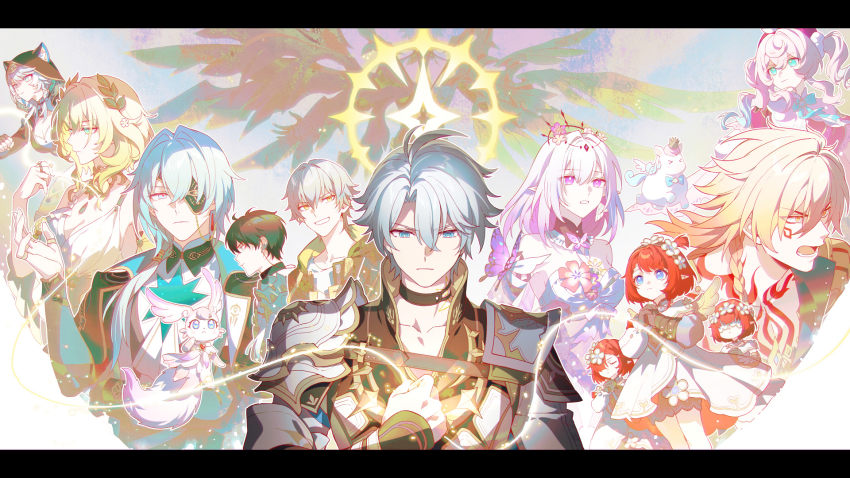 aglaea_(honkai:_star_rail) anaxa_(honkai:_star_rail) ancient_greek_clothes animal_ears aqua_bow aqua_bowtie aqua_eyes armor bare_shoulders black_choker black_jacket black_tiara blindfold blonde_hair blue_eyes bow bowtie caelus_(honkai:_star_rail) castorice_(honkai:_star_rail) cat_ears cat_girl choker chrysos_heirs_(honkai:_star_rail) cipher_(honkai:_star_rail) crown dan_heng_(honkai:_star_rail) dress dual_persona flower gradient_hair greco-roman_clothes grey_hair hair_between_eyes hair_flower hair_ornament hairband halo hat highres honkai:_star_rail honkai_(series) hyacine_(honkai:_star_rail) jacket kangetsu_(fhalei) little_ica_(honkai:_star_rail) looking_at_viewer lower_teeth_only mem_(honkai:_star_rail) multicolored_hair mydei_(honkai:_star_rail) open_mouth pegasus phainon_(honkai:_star_rail) pointy_ears purple_eyes red_hair red_hat red_tattoo serious shirt short_hair shoulder_armor single_bare_shoulder sleeveless sleeveless_dress tail teeth tiara trailblazer_(honkai:_star_rail) trianne_(honkai:_star_rail) tribbie_(honkai:_star_rail) trinnon_(honkai:_star_rail) twintails white_dress wings