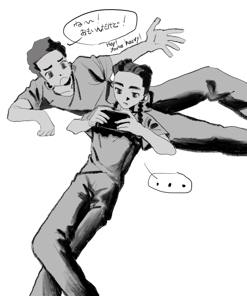2boys braid cellphone commentary_request cornrows crossed_legs dual_persona greyscale highres holding holding_phone looking_at_another lying male_focus marvel miles_g._morales miles_morales monochrome multiple_boys on_back on_side phone shirt short_hair simple_background spider-man:_across_the_spider-verse spider-man_(series) spider-verse tami_tome_mo translation_request twin_braids very_short_hair white_background