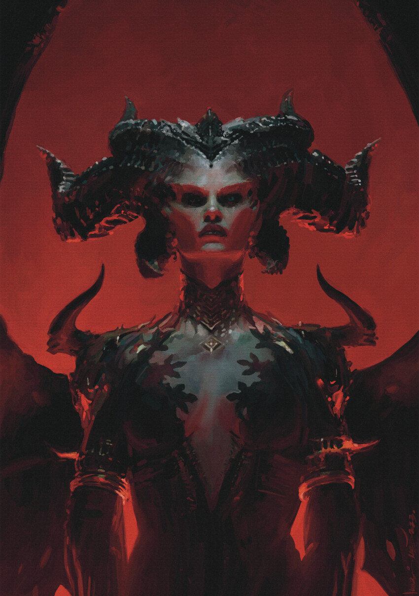 1girl absurdres black_dress black_lips breasts cleavage demon_girl demon_horns demon_wings diablo_(series) dress frown heterochromia highres horns konstantinosmoschonas lilith_(diablo) looking_at_viewer medium_breasts wings