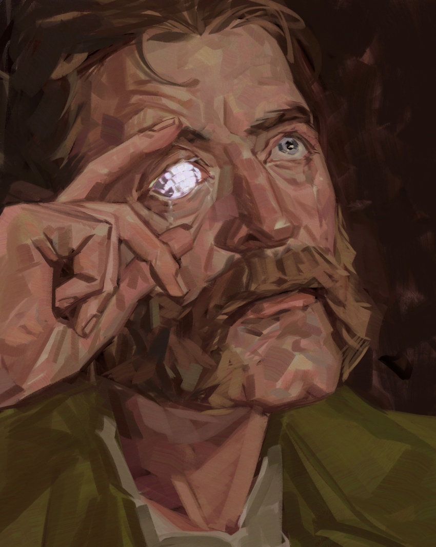 1boy arm_up blue_eyes brown_hair closed_mouth commentary crew_neck disco_ball disco_elysium english_commentary eyelid_pull facial_hair green_jacket harry_du_bois heterochromia highres jacket looking_up male_focus mutton_chops open_clothes open_jacket portrait shirt sunnnliwx t-shirt upper_body white_shirt wrinkled_skin