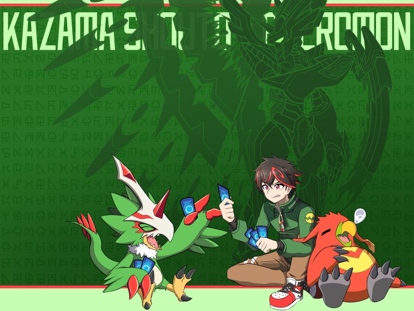 3boys absurdres beak bird black_hair brown_pants card character_name digimon digimon_card_game digimon_liberator feathers festus_flare green_feathers green_shirt group_picture highres holding holding_card holding_sword holding_weapon horns kazama_shoto knight male_focus muchomon multicolored_hair multiple_boys pants penguin pteromon red_feathers red_hair shirt short_hair single_horn sleeping streaked_hair sword talons trading_card two-tone_hair variant_set weapon zephagamon