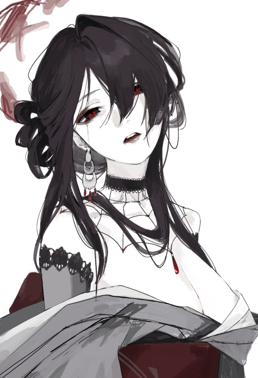 1girl bare_shoulders black_hair blue_archive breasts cleavage goth_fashion grey_kimono hair_ornament hair_stick halo highres japanese_clothes kawatiw kimono kokuriko_(blue_archive) large_breasts long_hair long_sleeves obi red_eyes red_halo sash solo
