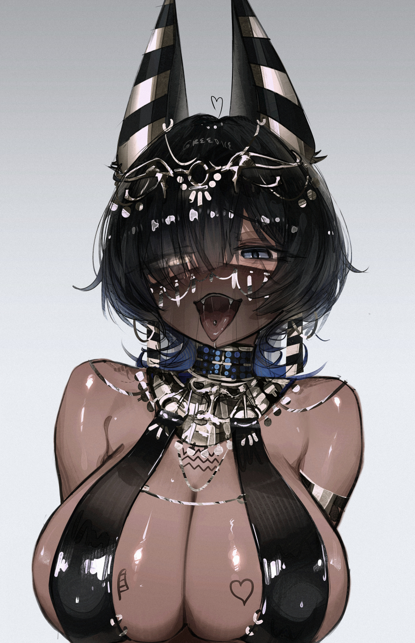 1girl absurdres ahoge animal_ears artist_name black_hair black_veil blue_eyes blue_hair breast_tattoo breasts cleavage dark-skinned_female dark_skin earrings eyes_visible_through_hair fangs greedice hair_over_one_eye heart heart_ahoge heart_on_chest heart_tattoo hetero hieroglyphics highres jackal_ears jewelry large_breasts looking_at_viewer mouth_veil open_mouth original piercing saitias_(greedice) saliva simple_background solo tattoo tongue tongue_out tongue_piercing upper_body veil yellow_eyes