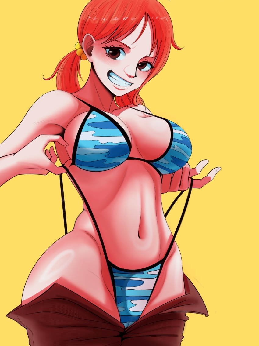 1girl absurdres bare_shoulders bikini bikini_bottom_lift birthday blush breasts brown_eyes brown_shorts camouflage camouflage_bikini cleavage clothes_pull collarbone commentary coolb_art cowboy_shot english_commentary grin highres large_breasts lifting_own_clothes looking_at_viewer low_twintails midriff nami_(one_piece) nami_(one_piece)_(skypiea) navel official_alternate_costume official_alternate_hairstyle one_piece orange_hair short_hair shorts shorts_pull single_sidelock smile solo stomach swimsuit teeth twintails wide_hips yellow_background