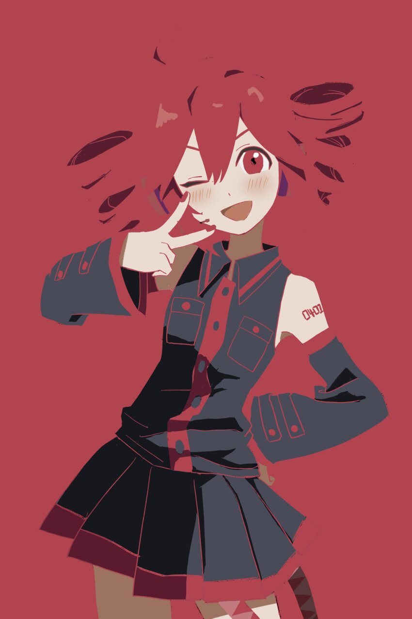 1girl black_skirt black_sleeves blush breast_pocket buttons collared_shirt cowboy_shot detached_sleeves drill_hair flat_color hair_between_eyes hand_on_own_hip hashtag-only_commentary highres i798hb0z6m57099 kasane_teto kasane_teto_(utau) no_lineart one_eye_closed open_mouth pleated_skirt pocket red_background red_eyes red_hair red_tattoo red_theme shirt shoulder_tattoo simple_background skirt skirt_set sleeveless sleeveless_shirt solo tattoo twin_drills utau v wing_collar