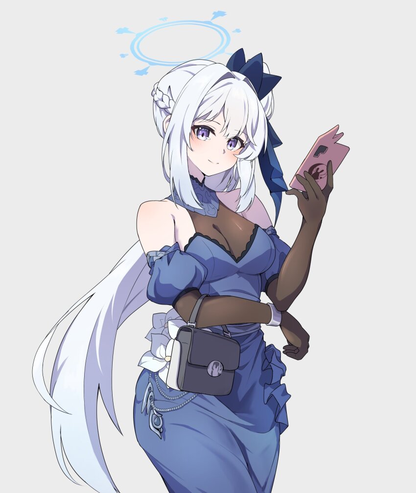 1girl alternate_costume blue_archive blue_dress breasts cleavage clov3r dress grey_background highres holding long_hair miyako_(blue_archive) phone purple_eyes see-through_cleavage see-through_clothes simple_background smile solo white_hair