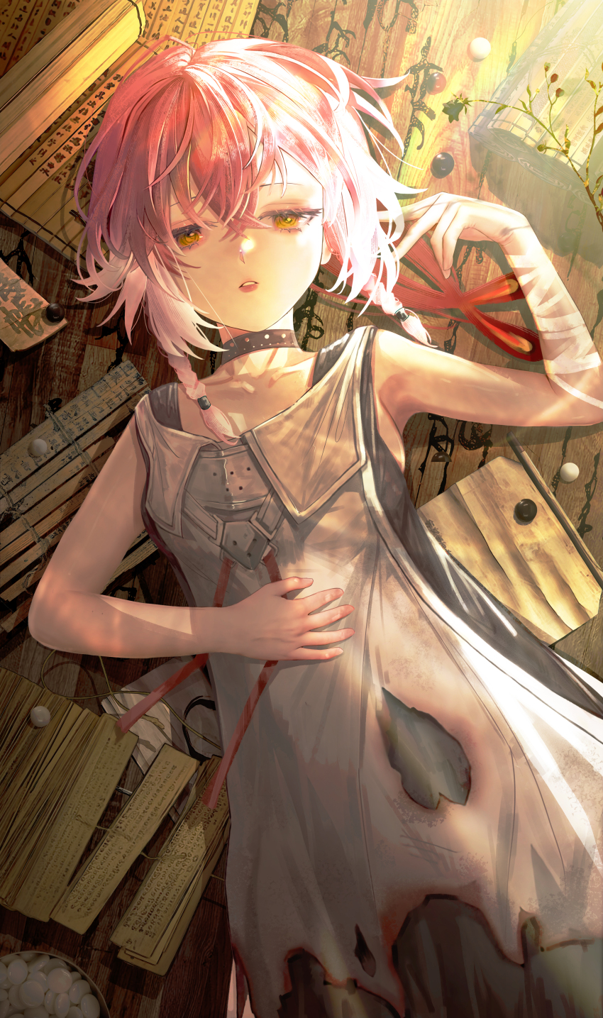 1girl absurdres aged_down armpits bare_shoulders black_choker braid changli_(wuthering_waves) chinese_commentary choker collarbone commentary commentary_request dress feather_hair from_above hair_between_eyes highres jin_sumire looking_at_viewer low_twin_braids lying medium_hair on_back parted_lips pink_hair solo torn_clothes torn_dress twin_braids white_dress wuthering_waves yellow_eyes
