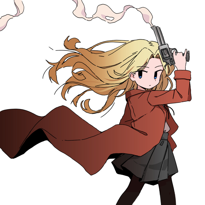 1girl absurdres black_pantyhose blonde_hair blue_eyes coat grey_skirt gun highres holding holding_gun holding_weapon long_hair long_sleeves orenjipiiru original pantyhose red_coat simple_background skirt smoke standing weapon white_background wind