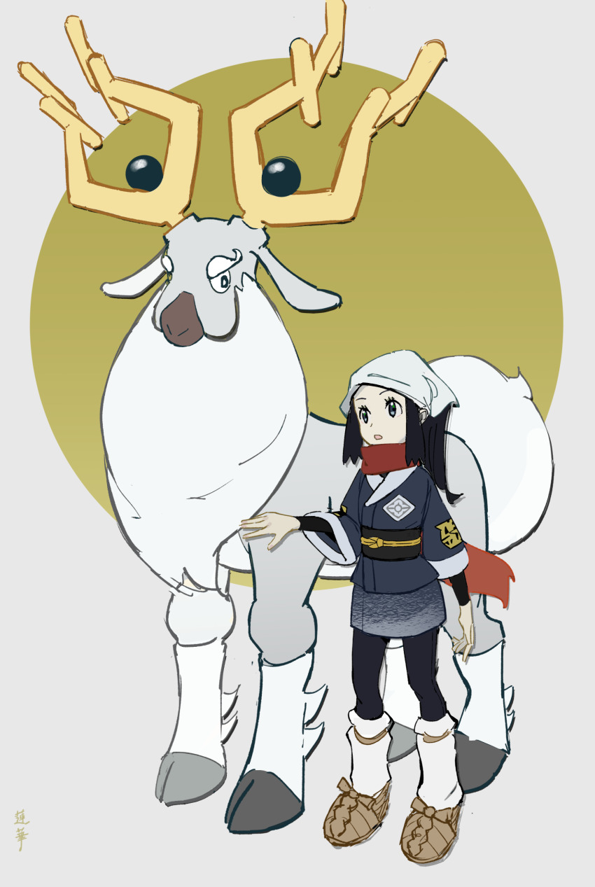 1girl absurdres akari_(pokemon) black_eyes black_hair black_leggings commentary full_body grey_background headscarf highres japanese_clothes leggings long_hair nintendo open_mouth pokemon pokemon_(creature) pokemon_legends:_arceus red_scarf renge_(042514) scarf white_headscarf wide_sleeves wyrdeer