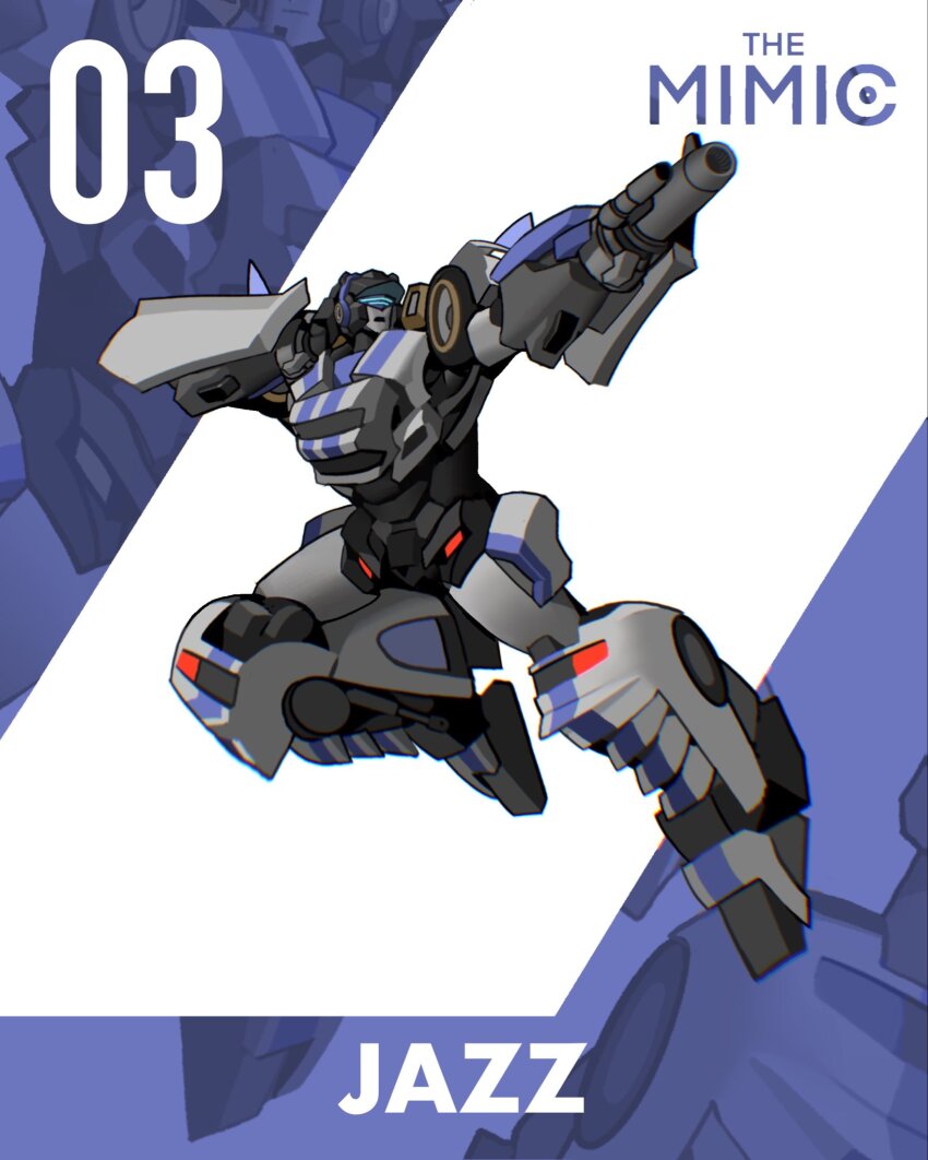airborne arm_cannon assault_visor autobot character_name commentary english_commentary hand_on_own_head highres jazz_(transformers) kamitoge_supino mecha no_humans open_mouth robot transformers weapon zoom_layer