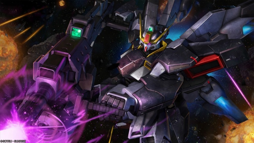 battle beam_cannon company_name copyright_notice energy energy_beam explosion firing glowing gundam gundam_battle_operation_2 highres machinery mecha mecha_focus mobile_suit painting_(medium) realistic robot scan science_fiction scope sisquiede solo space sunrise_(company) tenjin_hidetaka thrusters traditional_media v-fin