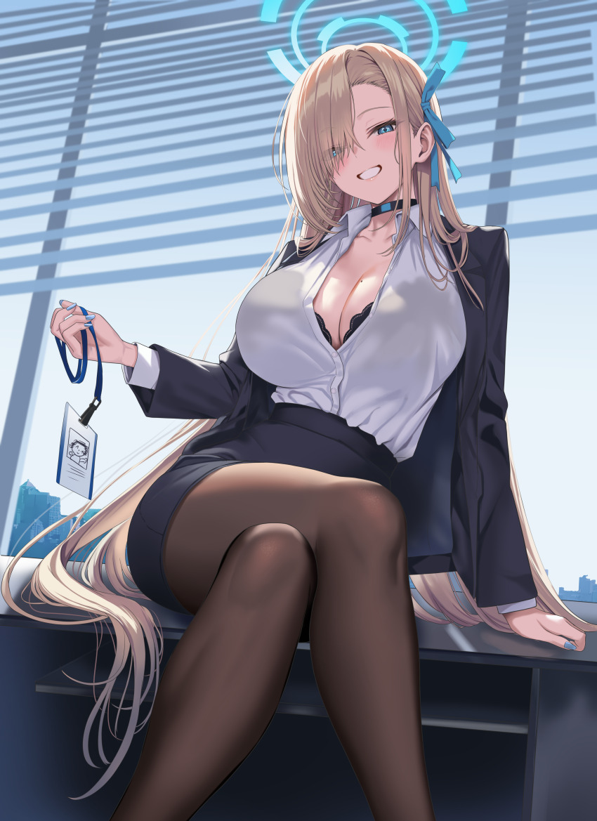 1girl absurdres alternate_costume asuna_(blue_archive) black_bra black_choker black_skirt blue_archive blue_nails blue_sky bra bra_peek breasts business_suit choker cleavage collared_shirt commentary_request crossed_legs day desk doodle_sensei_(blue_archive) feet_out_of_frame formal_clothes grin hair_over_one_eye halo hidis0086 highres holding_id_card indoors lanyard large_breasts long_hair looking_at_viewer nail_polish office office_lady on_desk pantyhose partially_unbuttoned pencil_skirt sensei_(blue_archive) shirt shirt_tucked_in sitting skirt skirt_suit sky smile solo suit underwear very_long_hair white_shirt window window_blinds