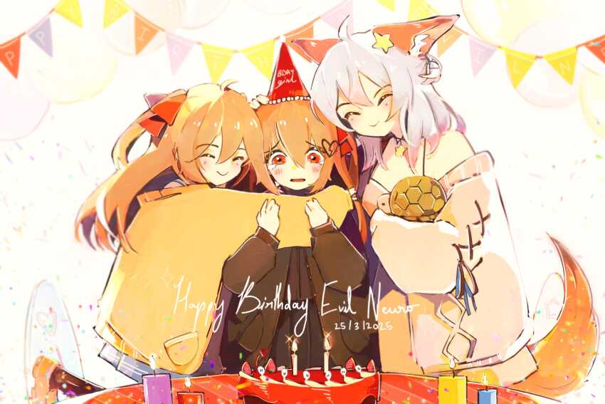 3girls ahoge animal_ears annytf black_cardigan black_sailor_collar black_shirt black_skirt blue_skirt broken_heart broken_heart_hair_ornament brown_hair cake candle cardigan character_name closed_eyes closed_mouth colored_tips commentary cowboy_shot dress dress_shirt english_commentary evil_neuro-sama food fox_ears fox_girl fox_tail grey_dress grey_hair grey_sweater hair_between_eyes hair_ornament hair_ribbon happy_birthday hat highres hug indie_virtual_youtuber leg_up loafers long_hair long_sleeves multicolored_hair multiple_girls neuro-sama nostyx_x open_mouth party_hat pink_hair pleated_skirt red_eyes red_ribbon ribbon sailor_collar shirt shoes siblings skirt smile star_(symbol) star_hair_ornament sweater tail timestamp turtle twins two_side_up vedal987 virtual_youtuber yellow_cardigan