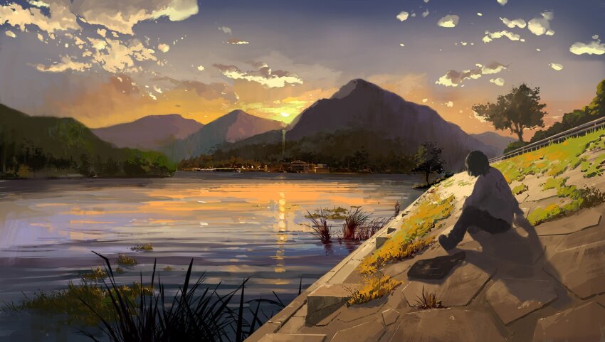 1girl day highres morning mountainous_horizon original railing reeds road shore sitting slow_d solo sun sunset tree water