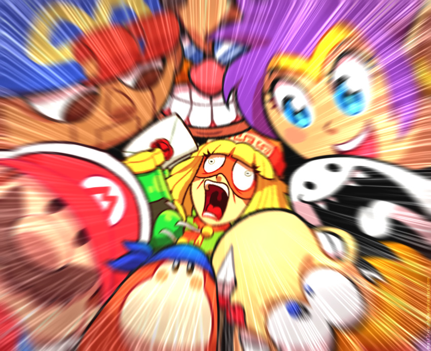 2boys 2girls 4others arms_(game) bandana_waddle_dee beanie blonde_hair blue_eyes blunt_bangs brown_hair crazy_eyes crossover dr._eggman facial_hair genie geno_(mario) glasses grin hat kirby_(series) mario mario_(series) mask min_min_(arms) multiple_boys multiple_girls multiple_others mustache nintendo open_mouth paper_mario paper_mario_(character) puppet purple_hair rayman rayman_(series) shantae shantae_(series) smile sonic_(series) super_mario_rpg super_smash_bros. surprised tiara trait_connection waddle_dee